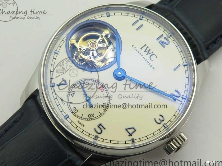 MIROTIME 0111 Cozy Portuguese Tourbillon IW5463 SS ZF Best Edition White Dial Blue Hands on Blue Leather Strap 7172